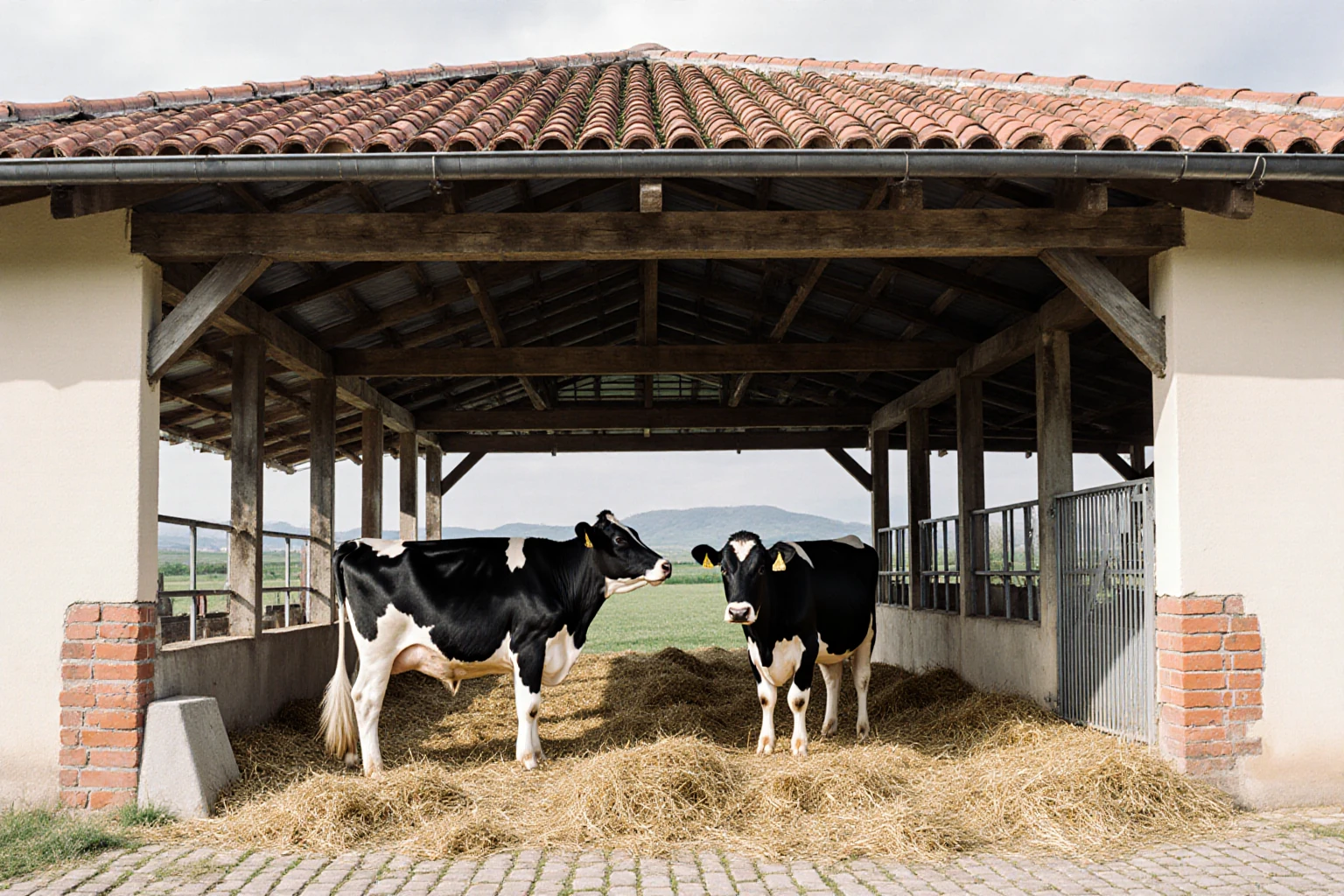 Open-sided cattle shed with two cows on an Italian farm